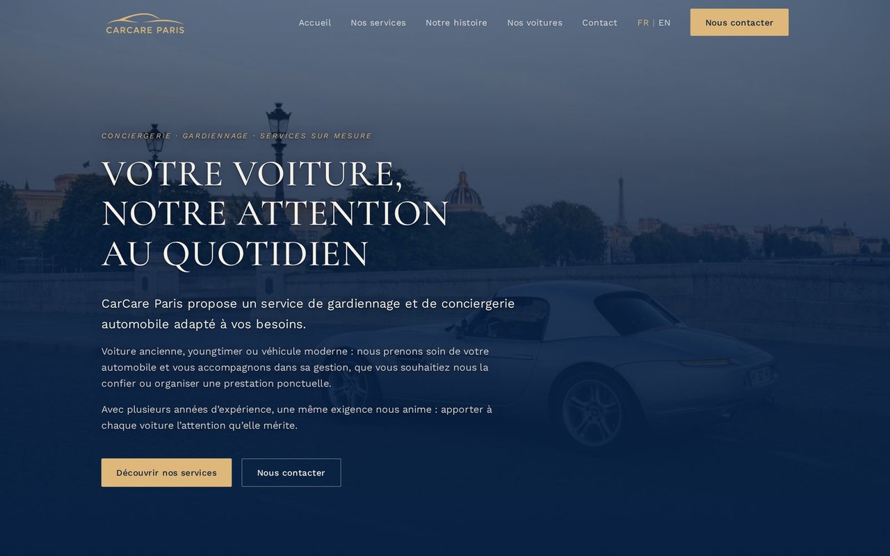 Portada del sitio web de CarCare Paris en escritorio