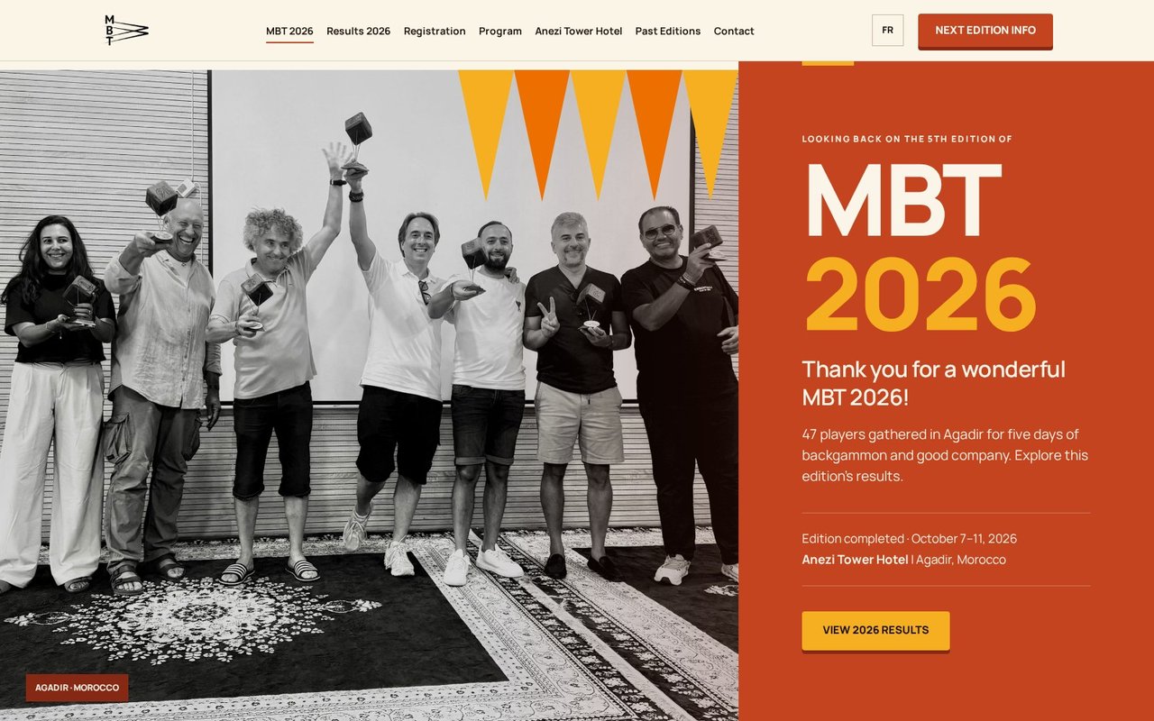 Portada del sitio web del torneo MBT 2026 en inglés, en escritorio